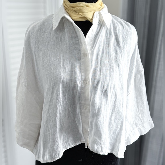 linen/lin Tops - Linen/Lin Cropped Button Down Top - Small